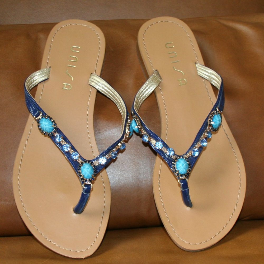 Unisa Thong Sandals, Size 9 1/2. Blue Strap, Embellished with Stones